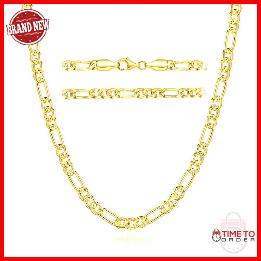 14K Gold Plated Figaro Chain Necklace 4mm Chunky Link Lobster Clasp